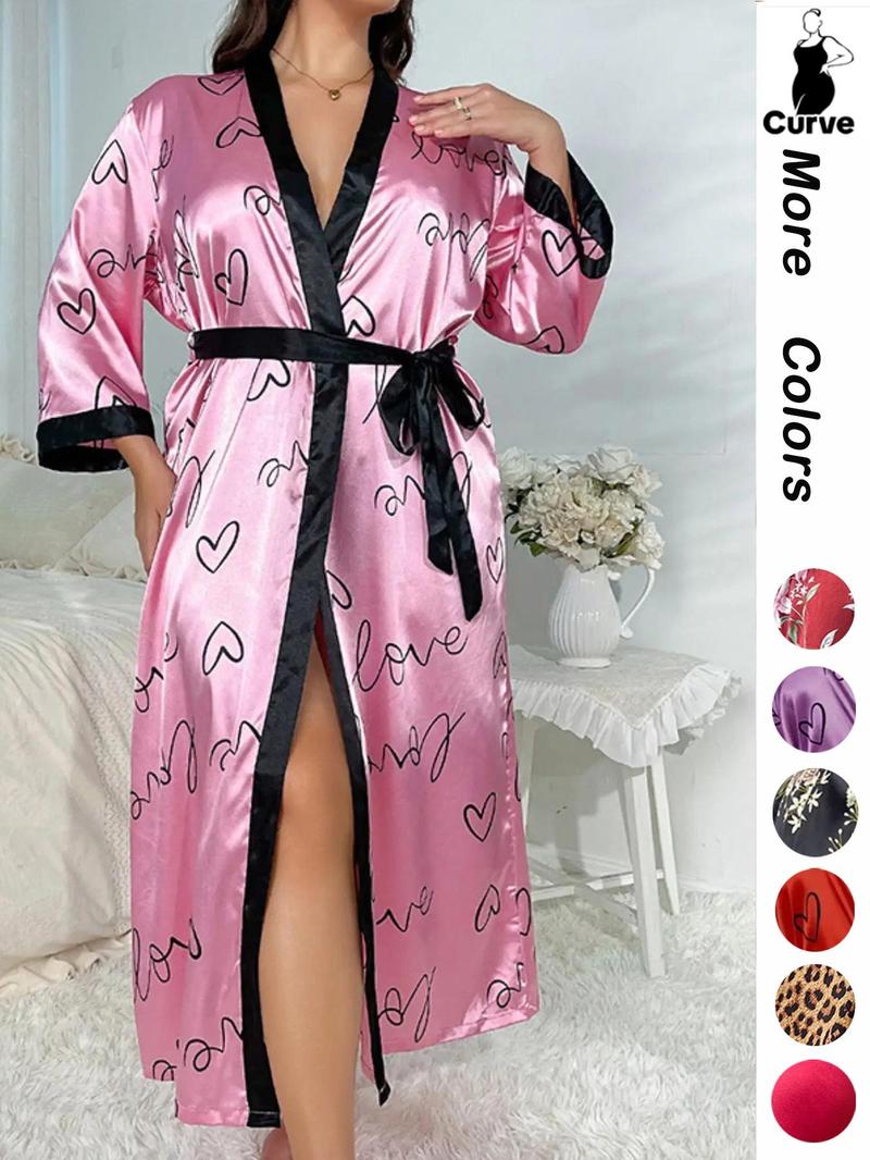[Plus Size] Halloween Print Belted Wrap Long Sleeve Loose Loungewear Robe, Women Long Sleeves Nightwear, Fall Lady Long Lounge Robe Gowns, Halloween Pajamas, Robes for Women, Floral Print Robe, Wrapped Belted Robe, Casual Soft Bathrobe Womenswear Vneck