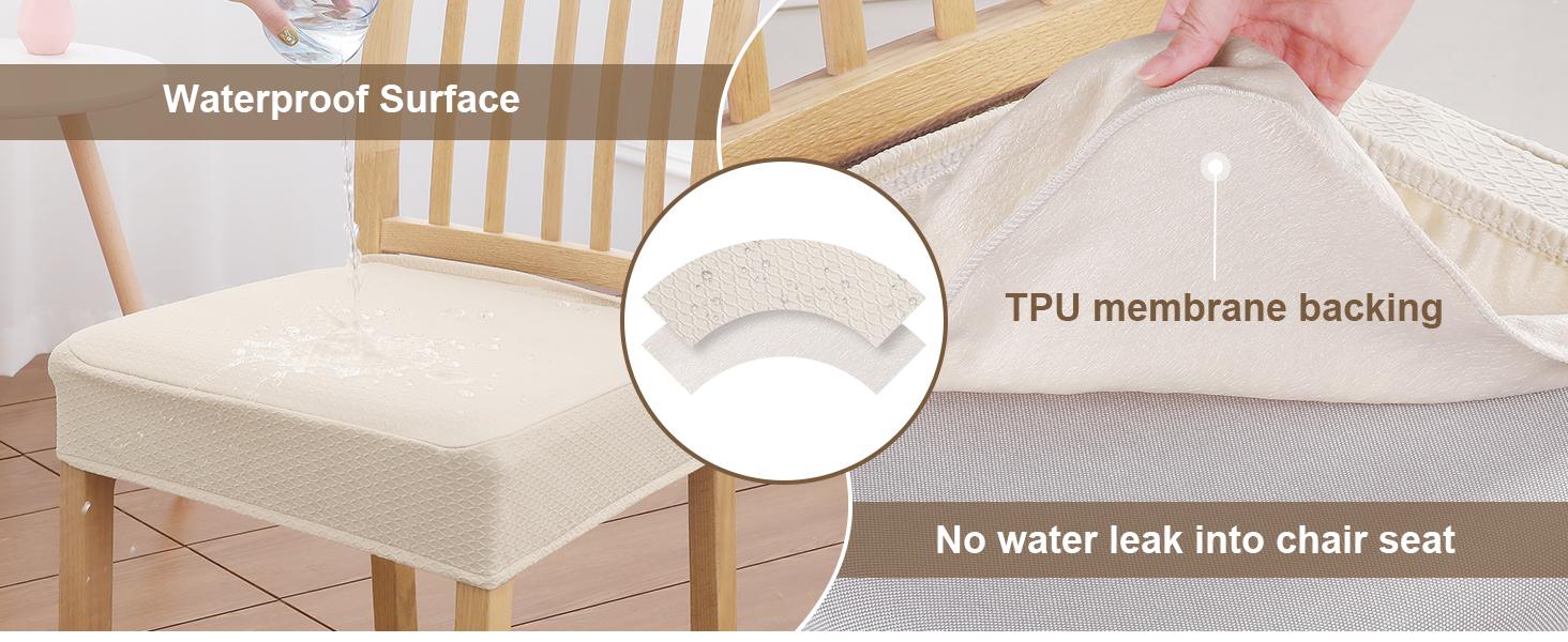 Waterproof Seat Covers for Dining Room Chairs Set of 4, Stretch Jacquard Removable Washable Chair Seat Slipcovers Protector, No Rear Covers, Beige