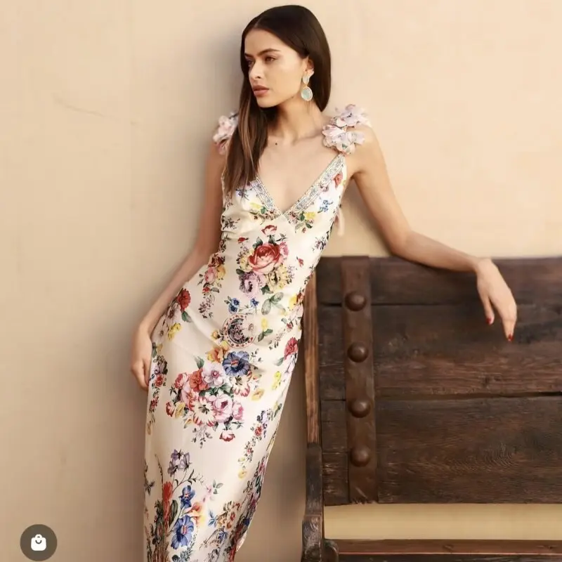 2026 Summer New Style 100% Silk Satin Strapless Dress Sleeveless Floral Long Dress