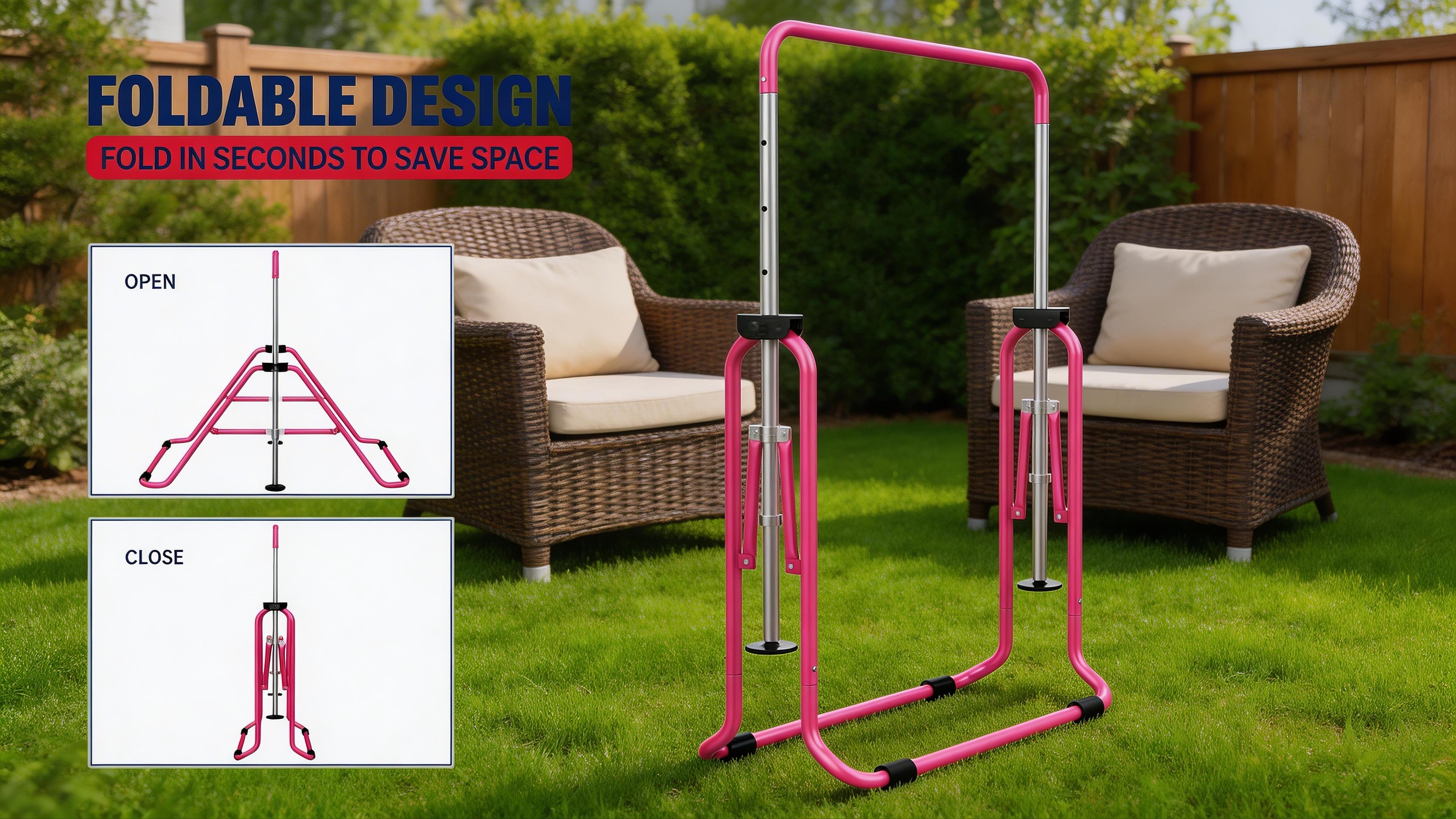 Aobtkel Gymnastics Bar for Kids withRings, Adjustable Height Folding Horizontal Bars,Junior GymnAdjustable Kids Gymnastics Bar - Foldable Horizontal Bar for Home, Safe Sturdy Training Equipment for Children, Perfect for Pull-Ups, Stretching, and Physical