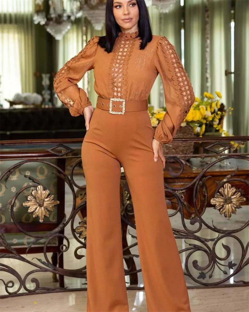 Woman Jumpsuit Birthday Long Sleeve Hollow Out High Waist One Pieces Overalls Club Party Outfits with Belt