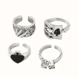 5pcs Random Ring Set, Poker Pattern Open Silver Color Rings, Hip Hop Dice Design, DIY God of Wealth, Unisex Party Accessories