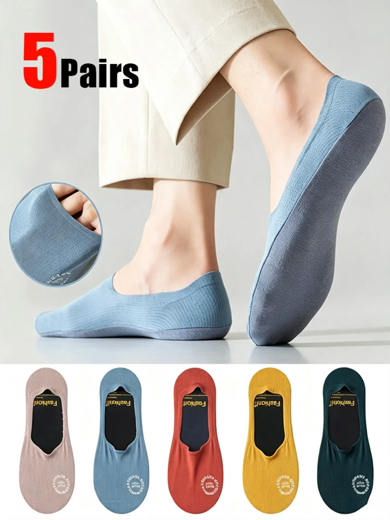 5 Pairs Men's Invisible Socks, Non-Slip Silicone No-Trace Socks, Breathable Low-Cut Casual Boat Socks, Comfortable and Stylish Footwear