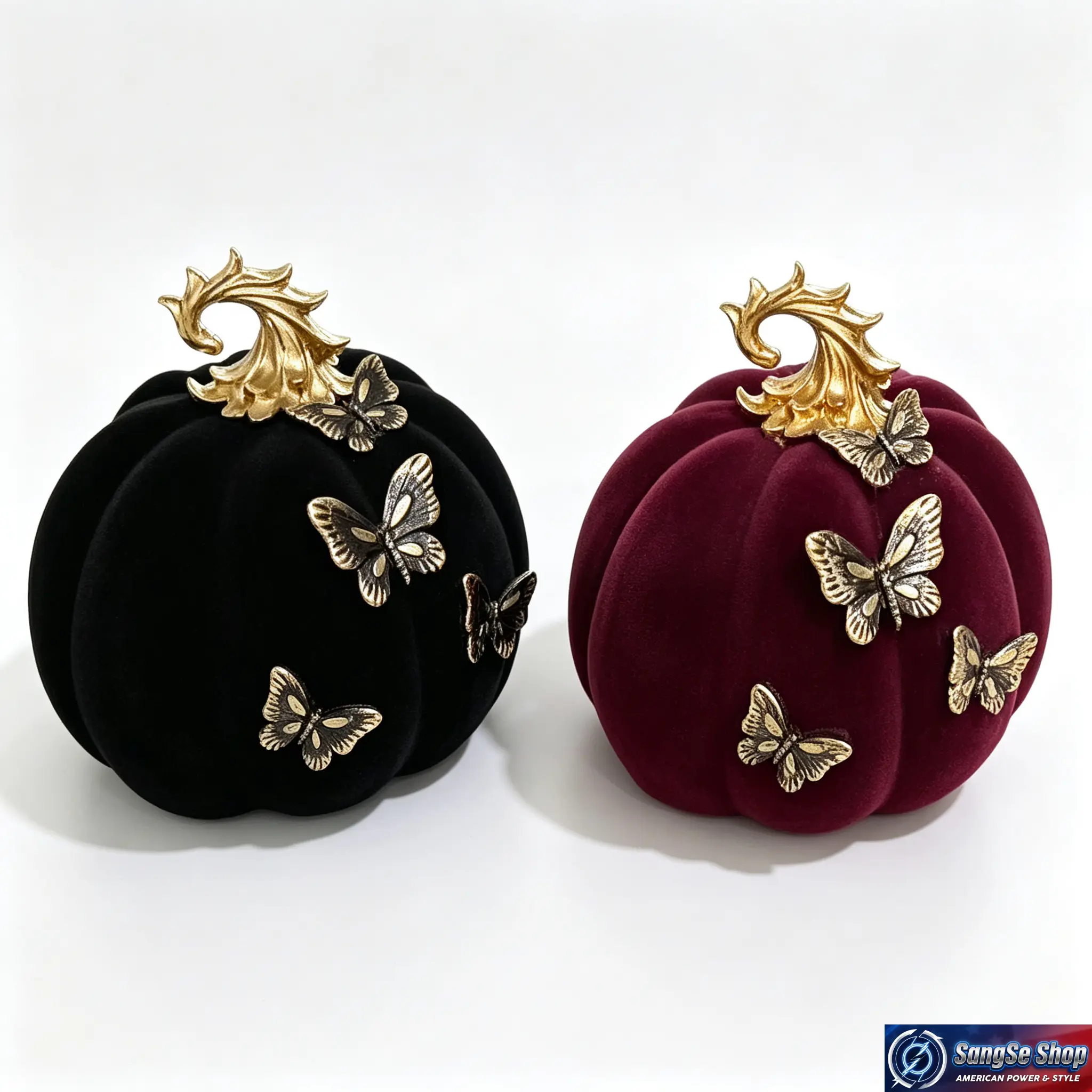 Velvet Pumpkin Decor with Vintage Butterfly Accent, Flocked Black Burgundy Pumpkin Table Centerpiece, Gothic Fall Home Decoration for Halloween, Thanksgiving, Mantel, Coffee Table, Shelf, Entryway & Seasonal Display