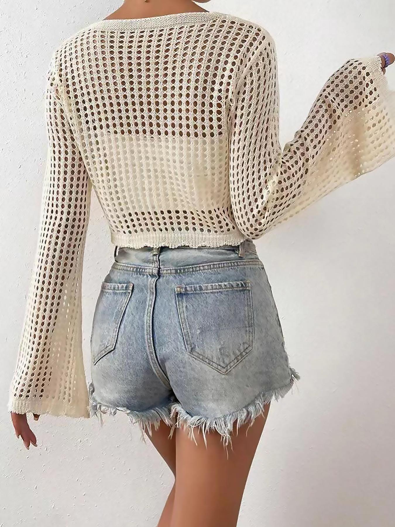 Women's Plain Hollow Out Tie Front Crop Cardigan, Casual Flounce Sleeve V Neck Cover Up Knitwear for Spring & Fall, Summer Outfits 2024, Women's Knit Clothing for Daily Wear