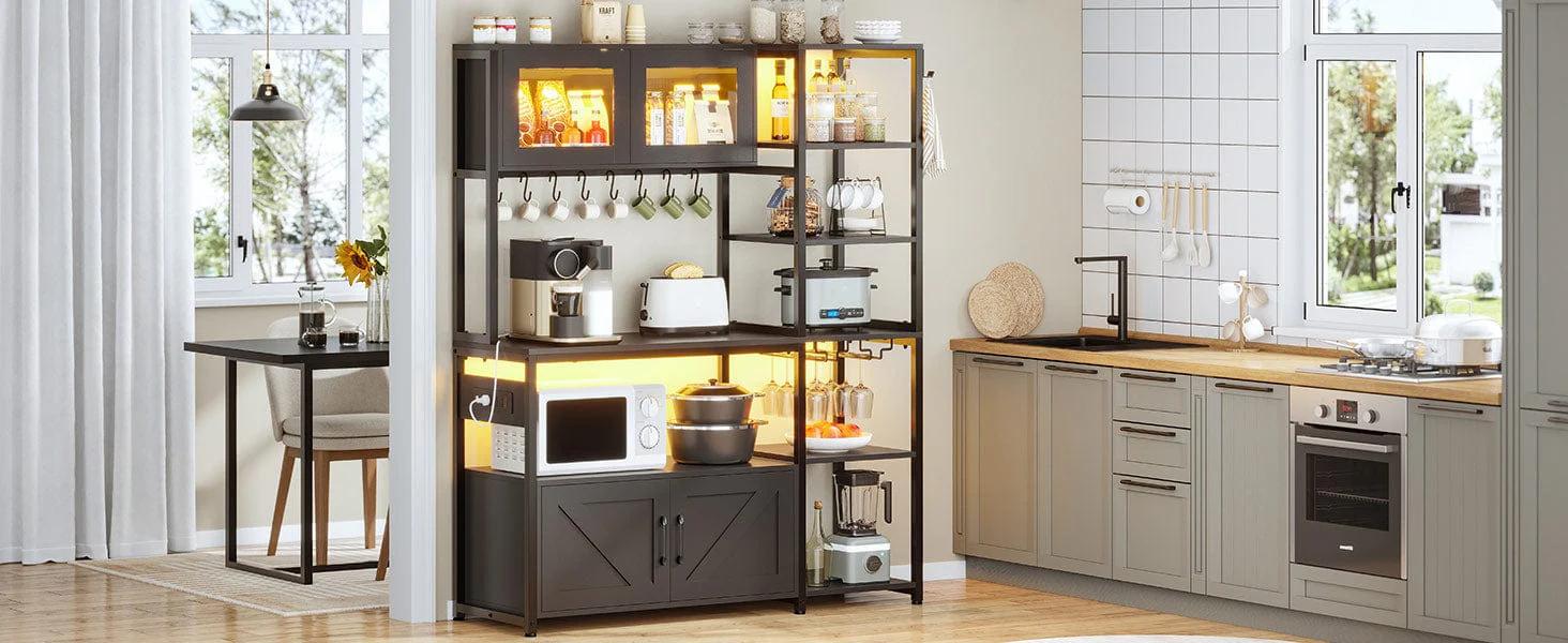 Sikaic 45.3 Inches Farmhouse Coffee Bar with Power Outlet Black Sideboard Buffet Cabinet Sideboard Storage Cabinet