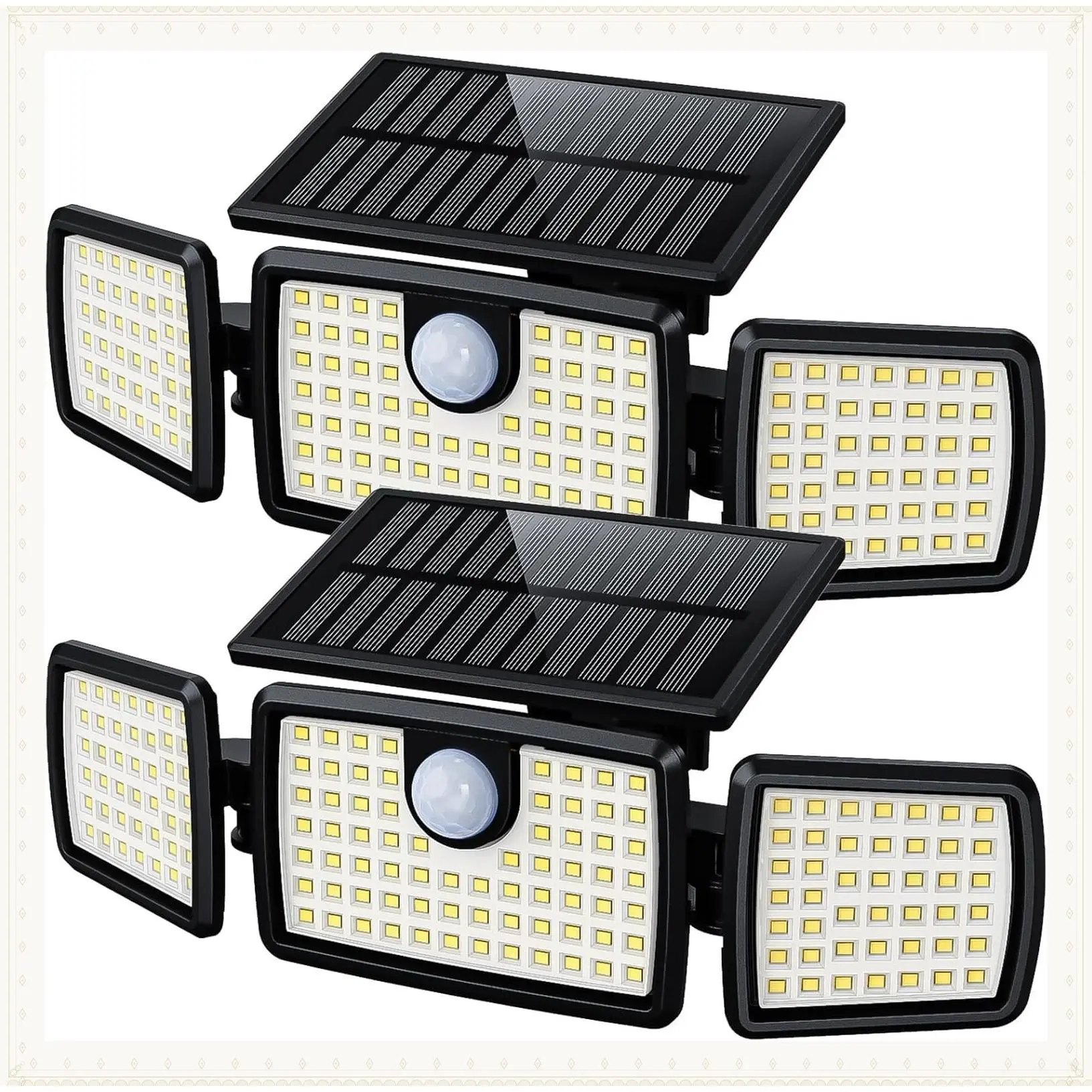 Solar Flood Lights Outdoor, 2500LM Motion Sensor Security Lights with 270° Wide Angle, IP65 Waterproof, 3-Head Solar Powered Lights for Patio, Yard, Garage, Non-Remote, 2 PackGift