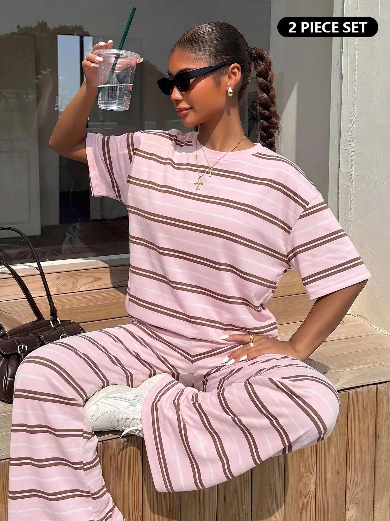 Women Soft Knit Horizontal Stripe 2 Piece Outfit Set, Pastel Pink Base With Coffee Brown & White Stripes, Loose Crew Neck Short Sleeve T-Shirt, High Waist Floor-Length Wide Leg Trousers, Elastic Skin-Friendly Fabric, Lazy Casual Matching Tracksuit, Daily