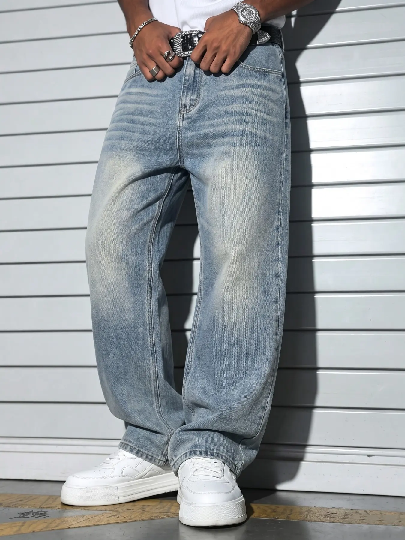 Men's Non-Elastic Loose Jeans, Slouchy Jeans, Simple and Versatile, Fashionable Trend, Suitable for All Seasons, Mid Waist, Button Fly Closure