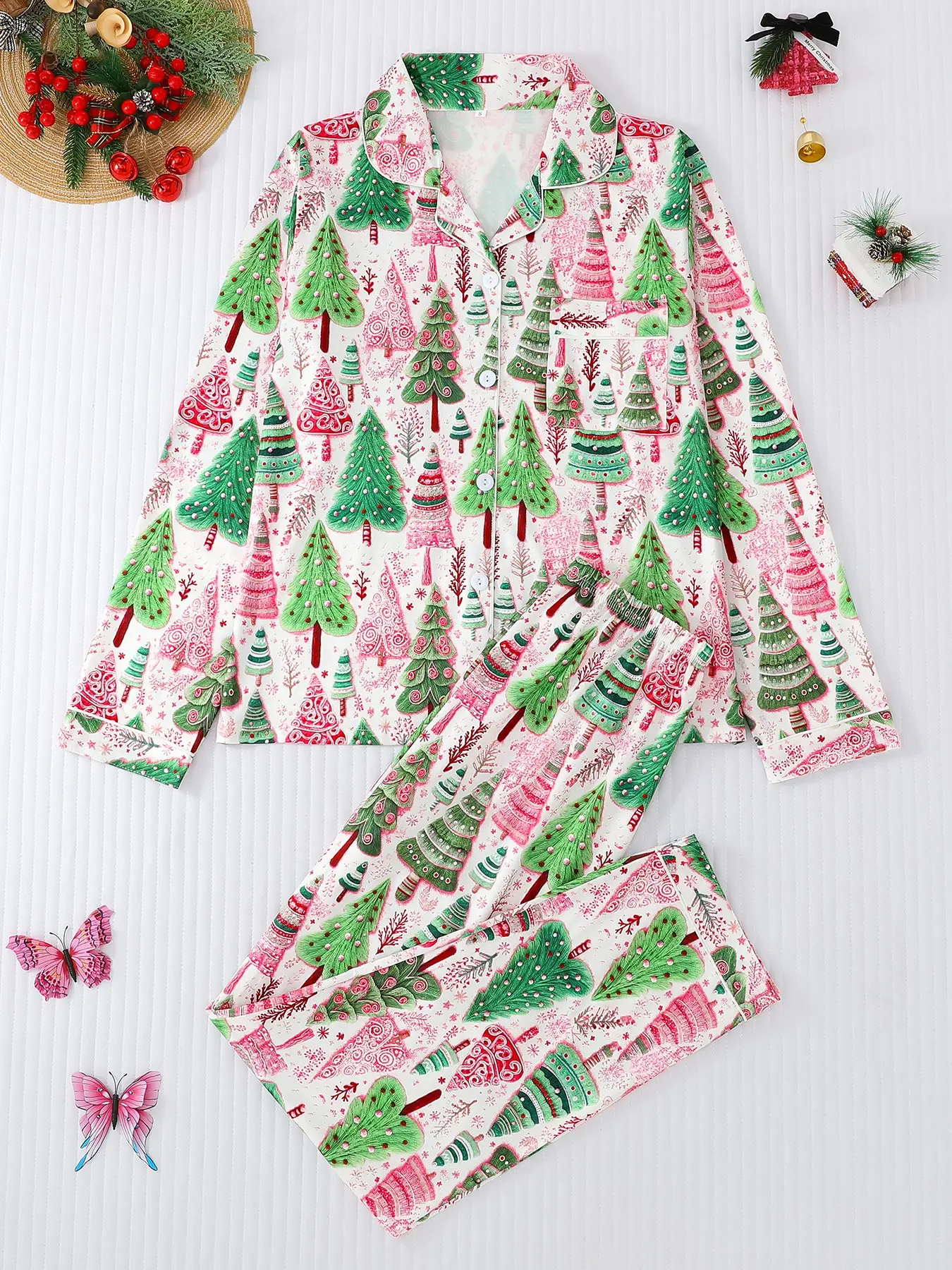 Women's Christmas Tree Print Pajama Set, Button Front Long Sleeve Top & Comfortable Pants, Casual Fitted Sleepwear for All Seasons