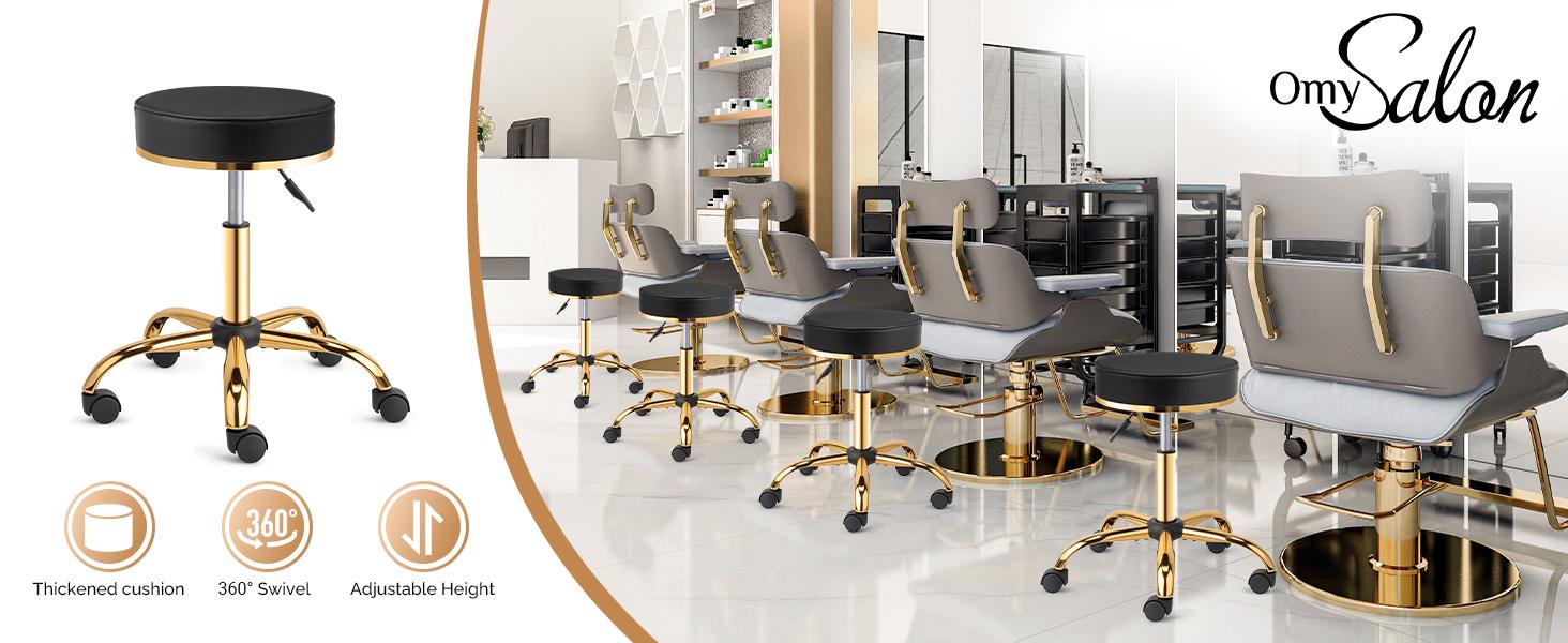 OmySalon Rolling Stool with Wheels, Vanity Salon Massage Roller Stool, Swivel Spa Chair Height Adjustable, Hair Stylist Chair for Beauty Salon Bar Tattoo Home, Black Luxury