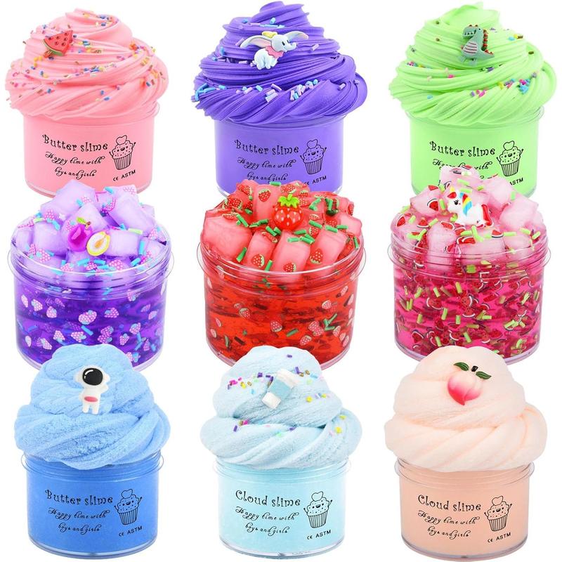 9 Pack Slime Kit - 3 Jelly Cube Crunchy, 3 Cloud, 3 Butter Slime - Soft Stretchy for Stress Relief, Birthday Gift, Kids Party Favors - Boys and Girls Toy