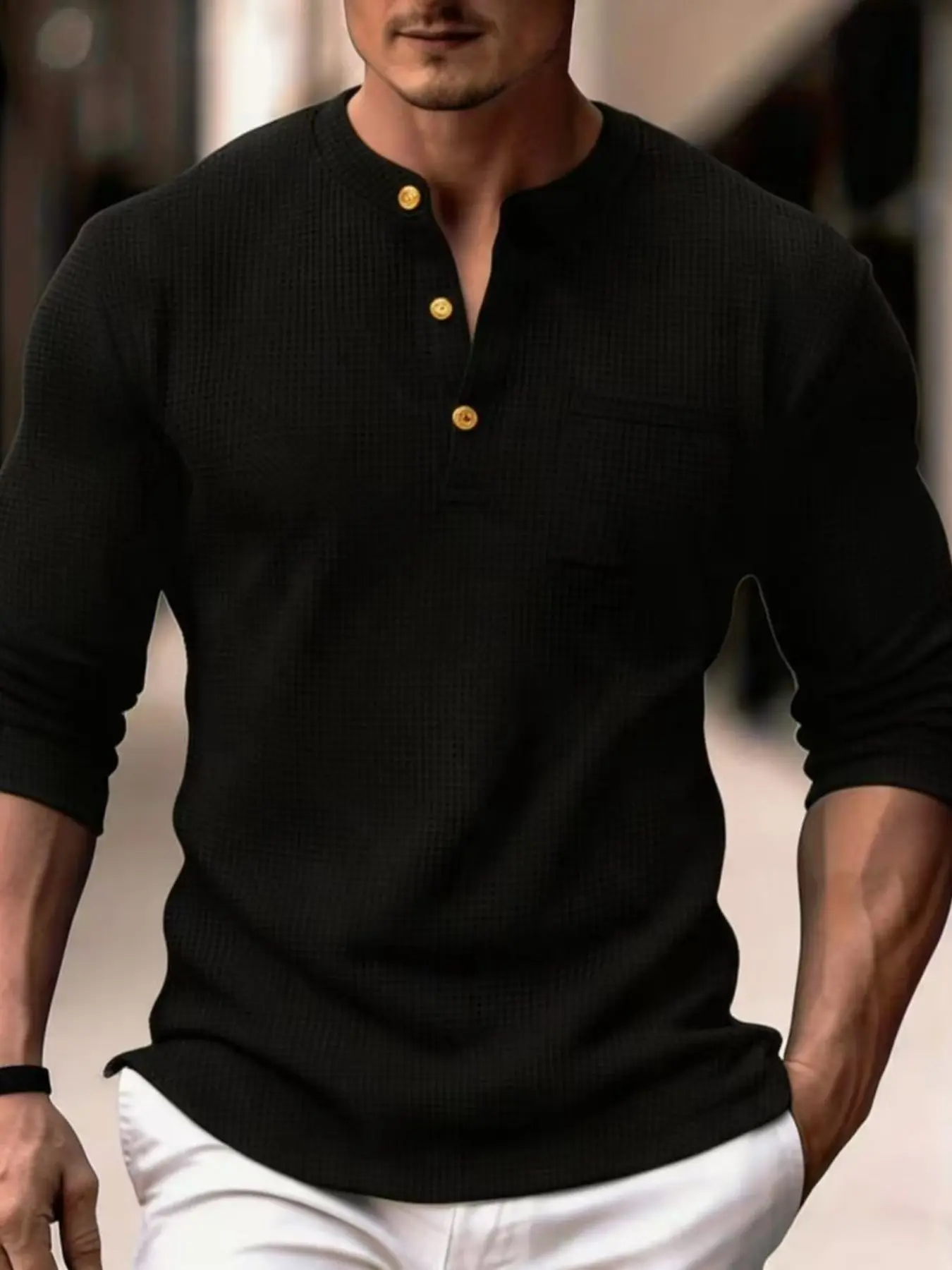 Men's Waffle Knit Henley Long Sleeve Shirt with Chest Pocket, Casual Button Round Neck T-Shirt, Soft Texture Daily Wear Top
