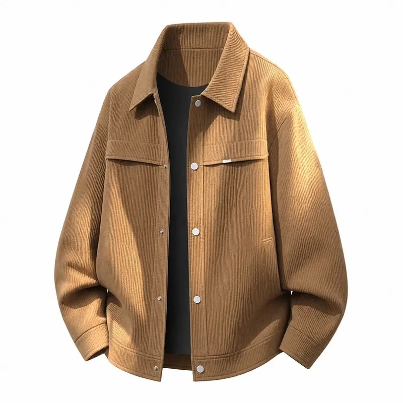 Men'S Vintage Vertical Stripe Corduroy Work Jacket, Classic Turn-Down Collar Design, American Casual Long-Sleeve Work Jacket For Spring And Autumn, Versatile Jacket For Daily Commuting And Street Style #   Sohochic