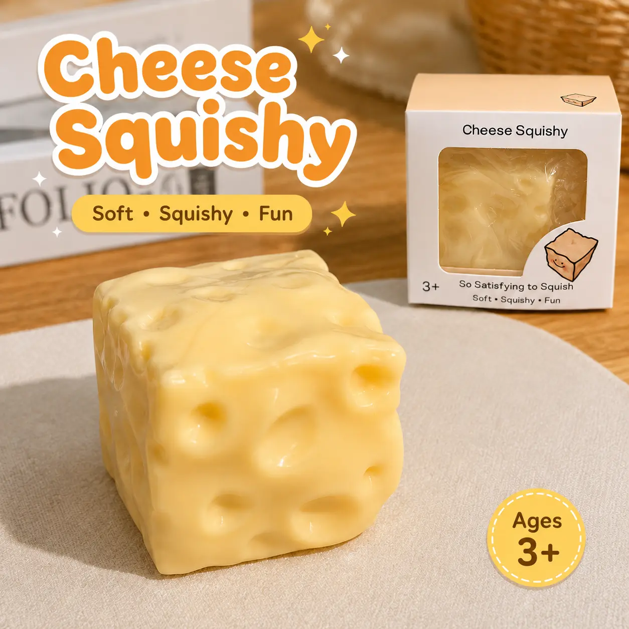 Cheese Squishy Toy - Yellow & Pink 5/6/7cm Non-Rebound Vaseline-Filled Fidget Toy for Gentle Squeezing, Stress Relief & ASMR Play