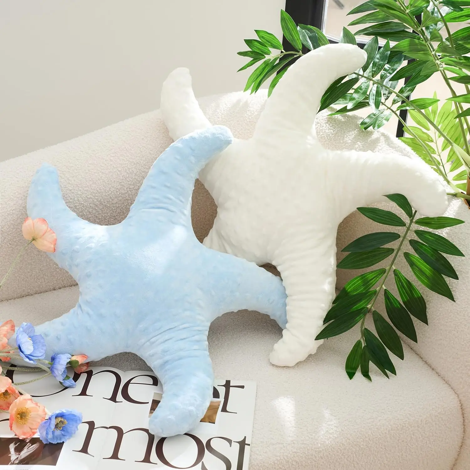 2-Piece 22'' Starfish Shaped Plush Throw Pillow Set, Cute Ocean Cushion for Bedroom, Living Room Beach Room Decor (White, Blue), Ocean Themed Stuff, 22 In