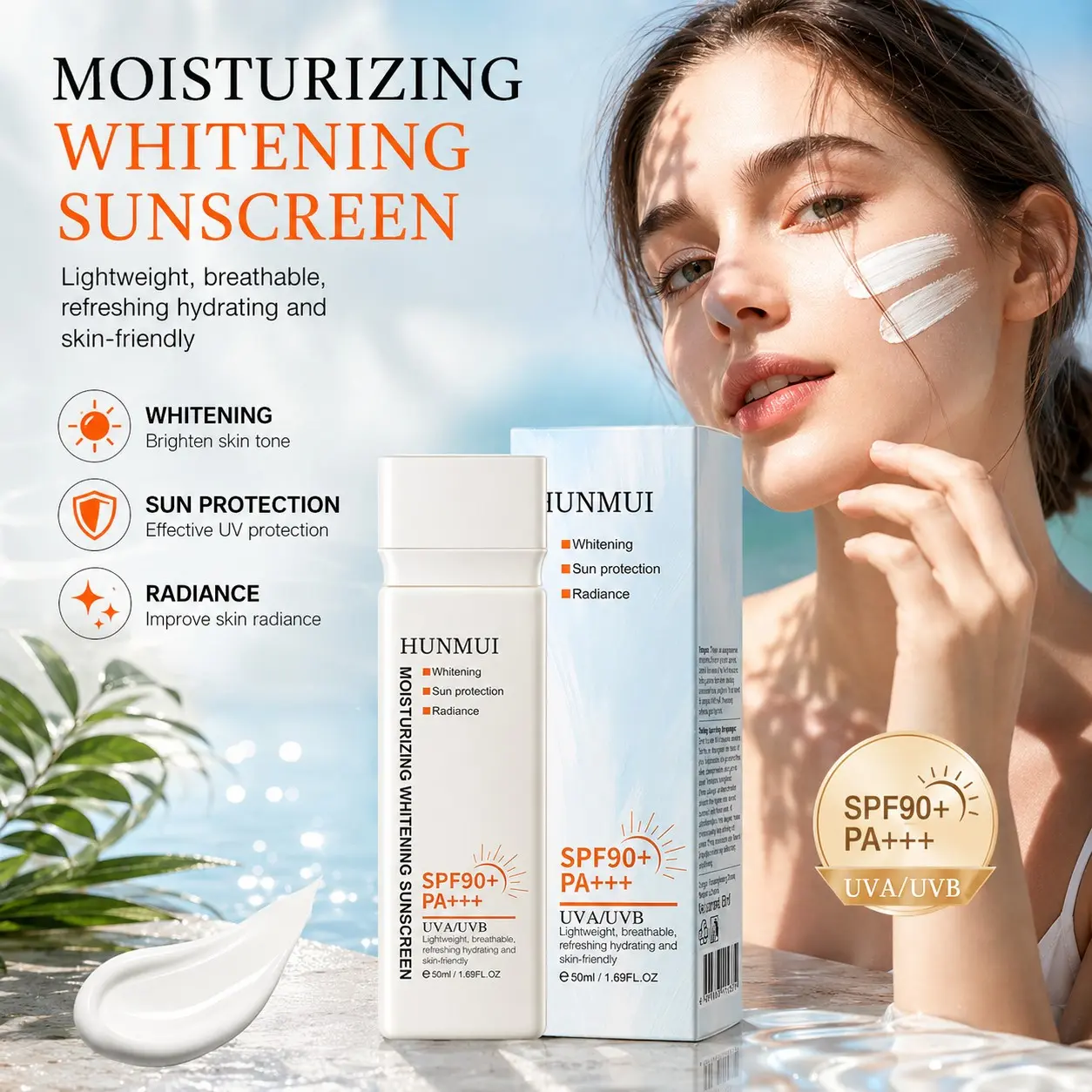 Spf90+ Pa+++ Moisturizing Sunscreen Lotion 50ML, Lightweight Breathable Uva/uvb Protection, Hydrating Brightening, Natural Radiant Skin Feel