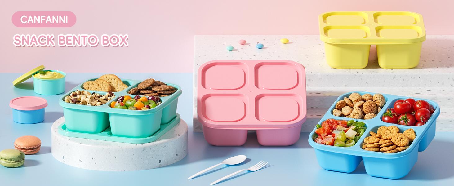 4 Pcs Snack Box Containers Set, Reusable 4 Compartment Lunchable Container with 2Pcs Sauce Containers, Stackable BPA-Free Bento Box for School, Work, Travel (4 Color)