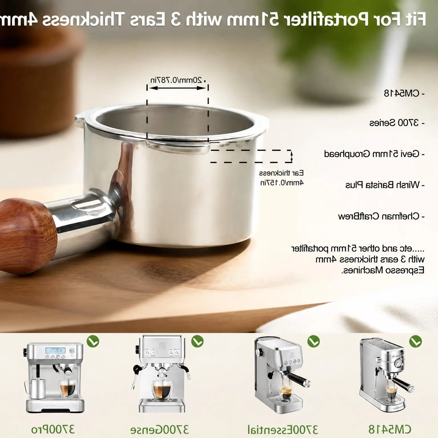 51mm Bottomless Portafilter 3 Ears Compatible with CM5418 and 3700 Series, Stainless Steel Double Shot Filter Basket