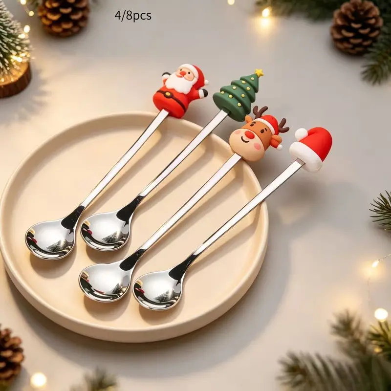 4/8 sticks of Christmas coffee spoon, coffee spoon set, stainless steel stirring Christmas spoon, suitable for restaurant Christmas parties, dessert espresso, milkshake, jam, Christmas gifts, chocolate, milk for restaurant/cafe/Happy Eid al-Fitr.