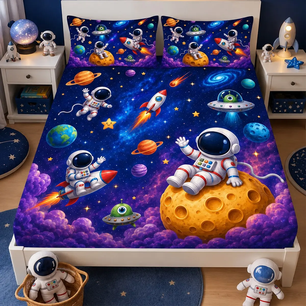 3-Piece Cartoon Space Astronaut-Themed Bedding Set (includes 1 fitted sheet and 2 pillowcases; filling not included); features a print design of planets, stars, and rockets; made of polyester fabric; suitable for modern-style bedrooms and dorm rooms.
