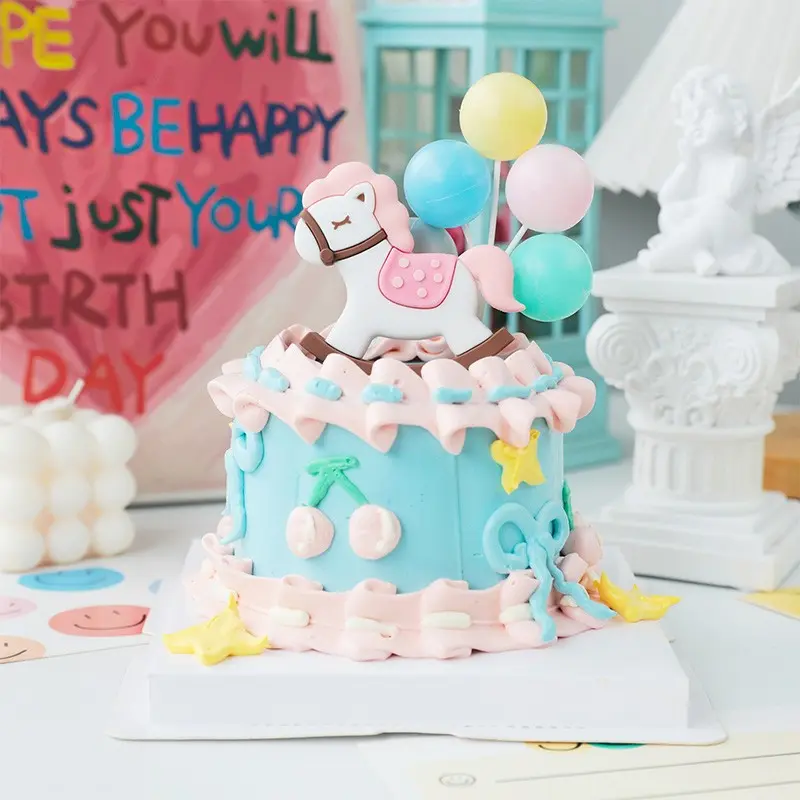 Baby First Birthday Cake Decoration, Cute Cartoon Wooden Horse, Baby Shower Gift, 30 Days Full Moon Party Decor, Star Fireworks Ornament