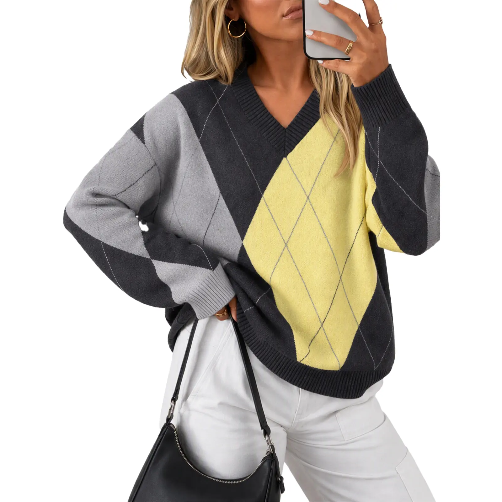 Yousify Women's Oversized Argyle Knit Sweater - V-Neck Long-Sleeve Color-Block Diamond Pattern Loose-Fit Lightweight Pullover, Casual Preppy Fall Winter Knitwear, Machine Washable Women's Tops, Geometric