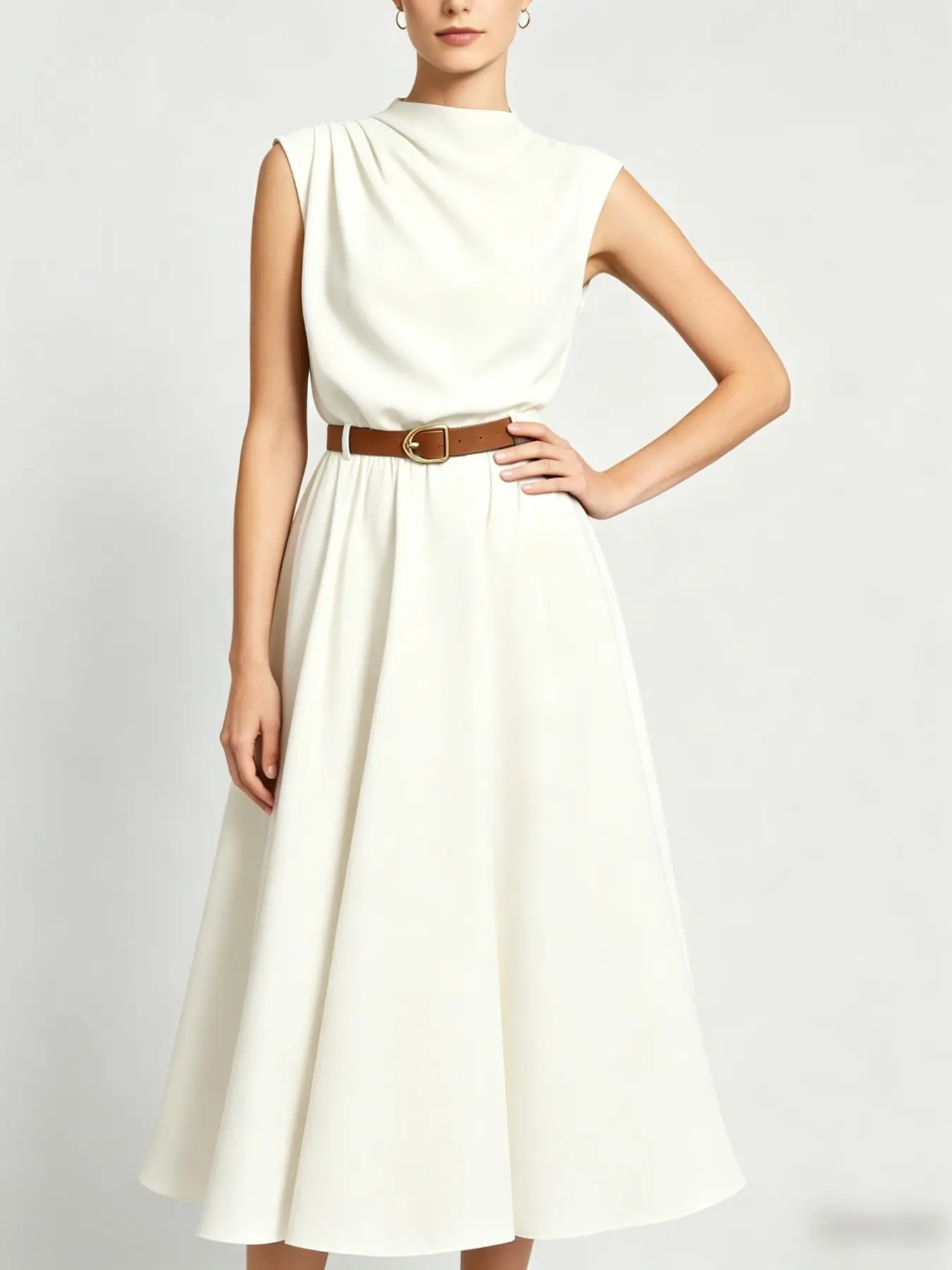 2026 New Summer Commute Essential Sleeveless Waist-Cropped Chic Dress, Office Interview/ Daily Work Elegant Style, Medium-Length A-Line Skirt with Belt, Elegance