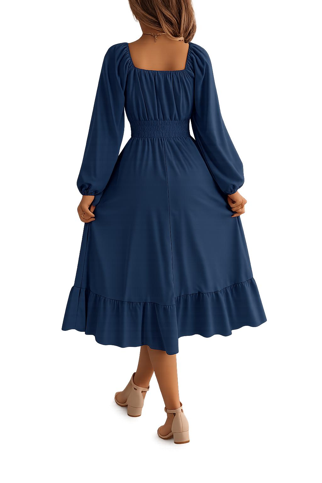 2026 Spring and Summer Leisure Solid Color Square Collar Long Sleeve Waist-Cinched A-Line Skirt