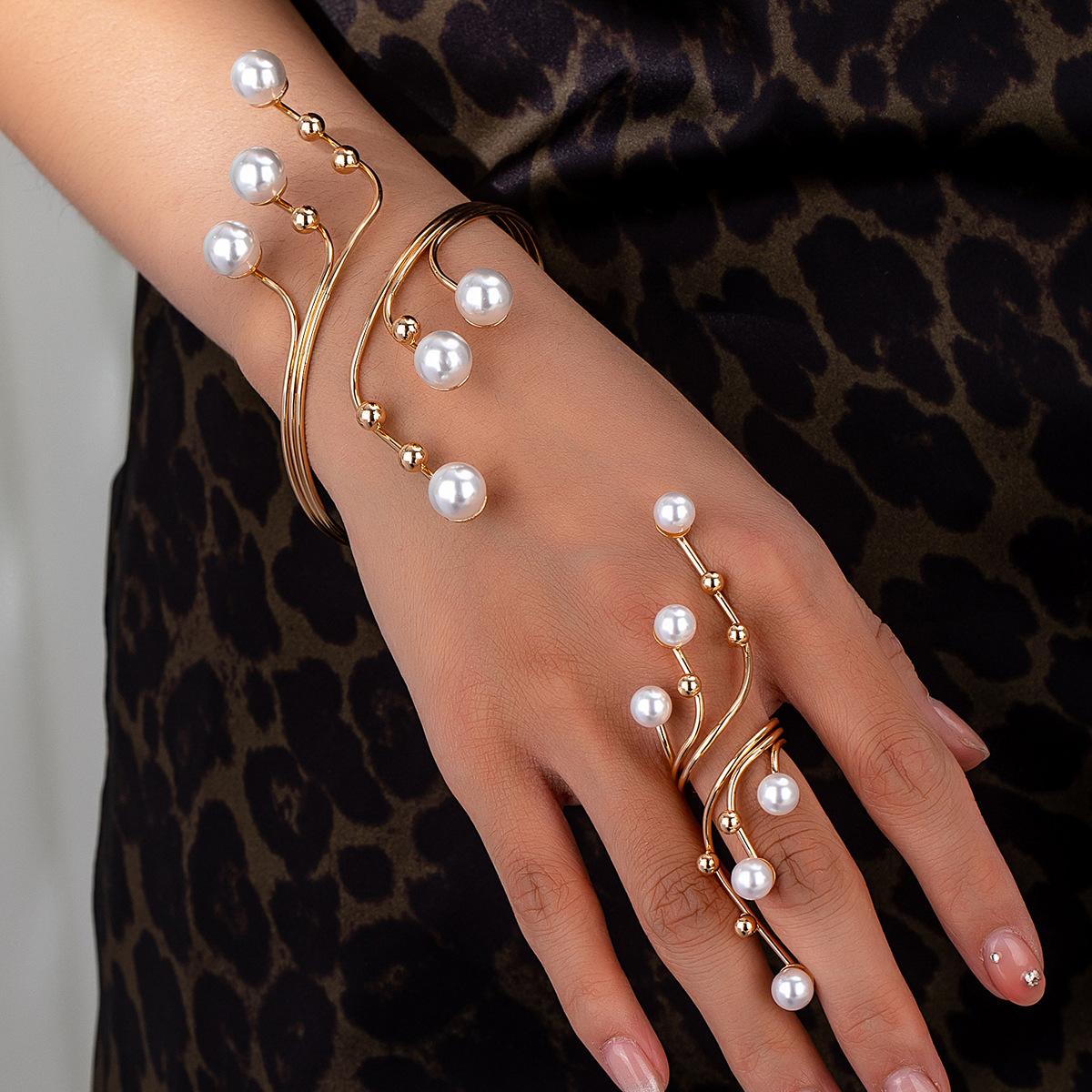 Elegant Faux Pearl Wrap Cuff Bracelet & Ring Set, 18K Gold Plated Multi-layer Pearl Jewelry Set for Women, Luxury Statement Jewelry for Party Wedding