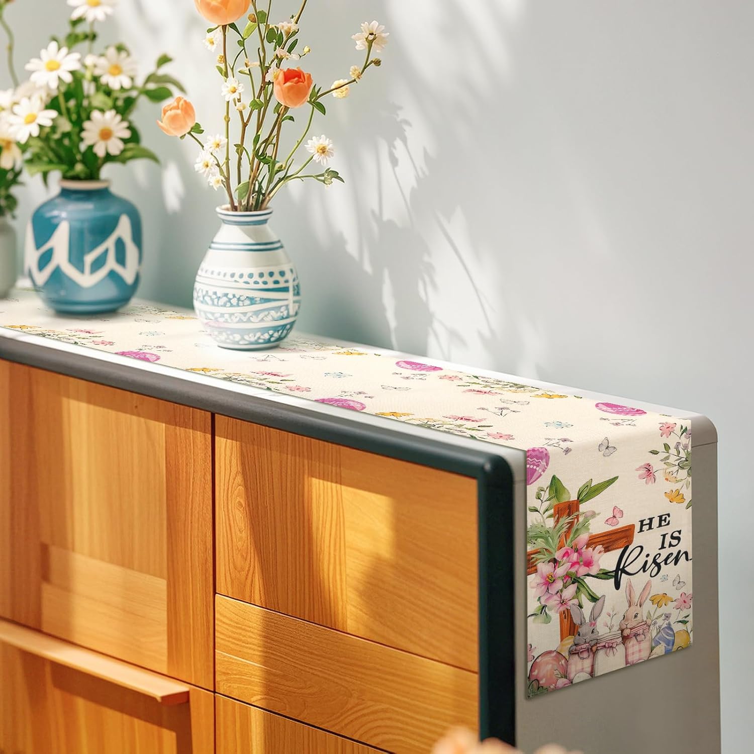 Easter Table Runner 13*72 Inch, Easter Decorations for Table Decor, Bunny Table Runner with Cross Flower, He is Risen Decors Spring Kitchen Dining Table Decor for Home