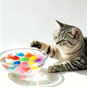 Cat Pet Toy Set with Floating Goldfish and Net, No Battery Required, Includes 1 Fish Net and 6 Random Color Goldfish, Fun Cat Playset