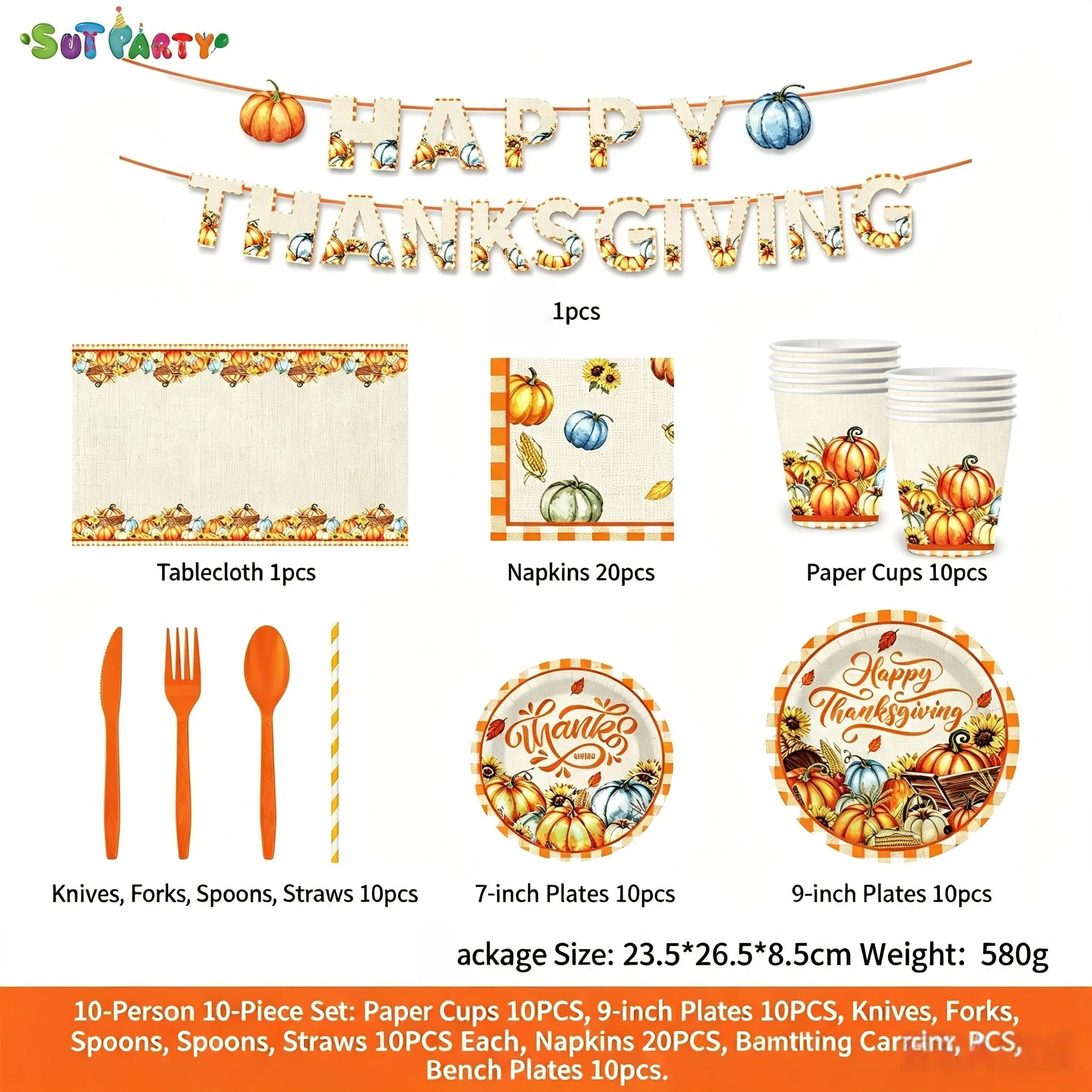 92pcs Thanksgiving Party Tableware Set for 10 People, Includes Disposable Paper Plates Cups Napkins, Festive Holiday Party Supplies for Gatherings
