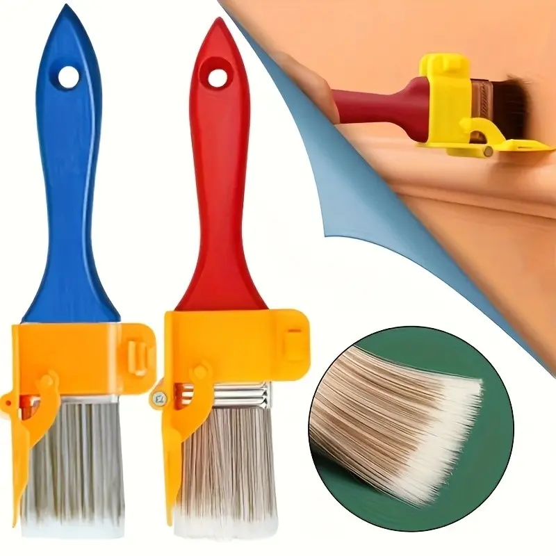 A set of 2 lightweight paint brushes, featuring red and blue wooden handles, designed for fine edge detailing on picture frames, walls, and ceilings, Painter Tool
