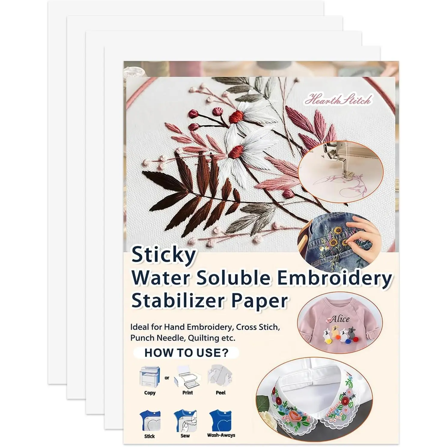 Sticky Water Soluble Embroidery Stabilizer Paper, 4 count 8.5"x11" Printable Embroidery Transfer Paper, Stick and  Wash  Stabilizer, Medium Weight for Hand and Machine Embroidery