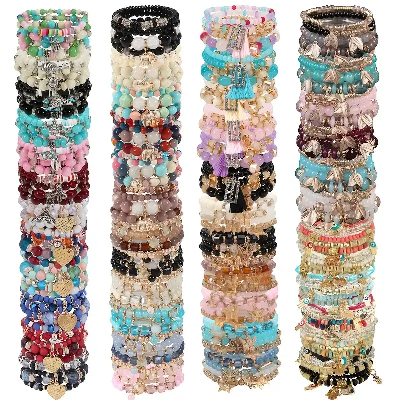 Boho Style Beaded Bangle Bracelet Set - 10/20/30Pcs Handmade Unisex Elastic Multi-Layered Jewelry Stack with Glass, Wooden Beads, Butterfly/Elephant/Tree Charms for Anniversary Gifts & Daily Wear, Glass Beads