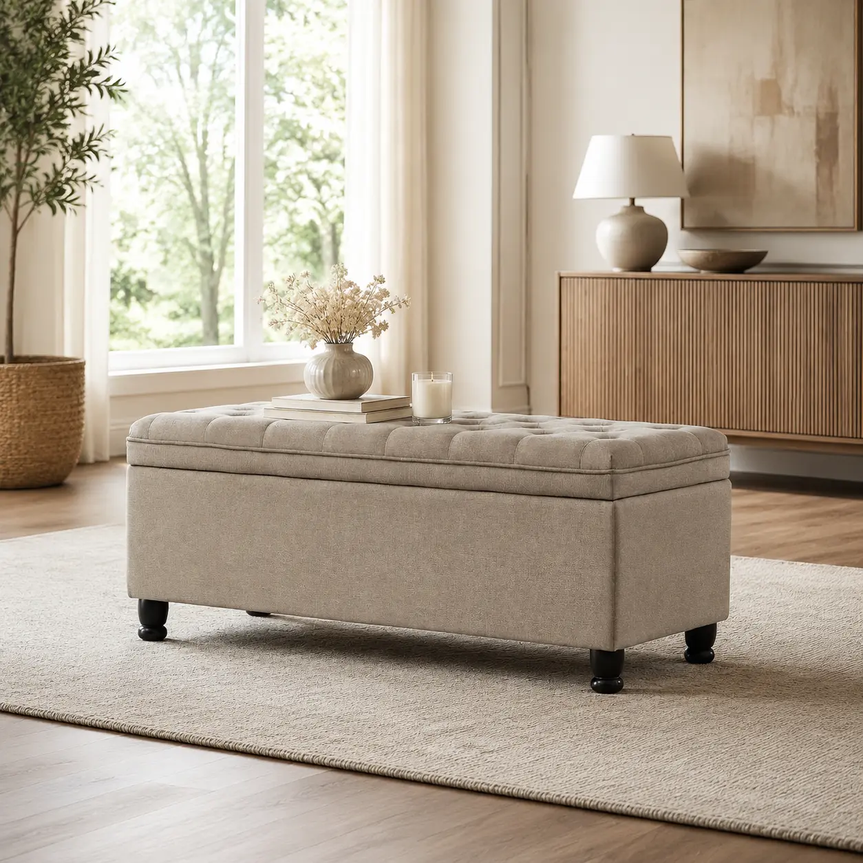 Littleox Upholstered Tufted Button Storage Bench with Spindle Wooden Legs Multiuse Entry Bench and Linen Bed Bench for Home Space Saving Hidden Storage Extra Seating