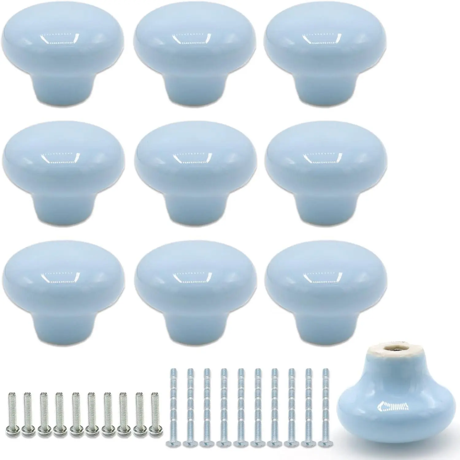10-Pack Sky Blue 32mm (1.26 Inch) Round Ceramic Cabinet Knobs Drawer Pulls with Screws, Fits Kitchen Wardrobe, Dresser Drawers, Kids Room Decor, Office Desk Furniture Hardware