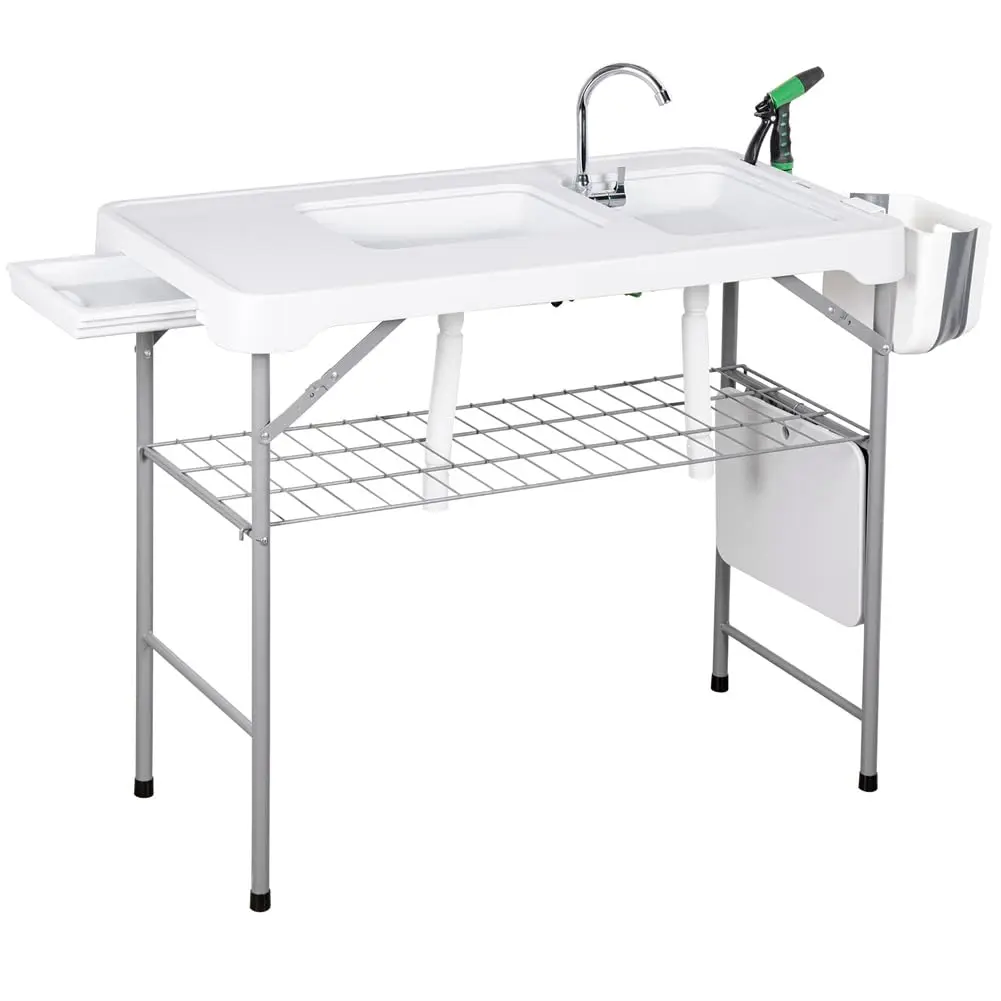 Folding Fish Cleaning Table, Portable Camping Double Sinks Table with 2 Dual Water Basins, Faucet Drainage Hose & Sprayer, Outdoor Picnic Fillet Cleaning Station with Storage Box for Patio, Lawn & Garden
