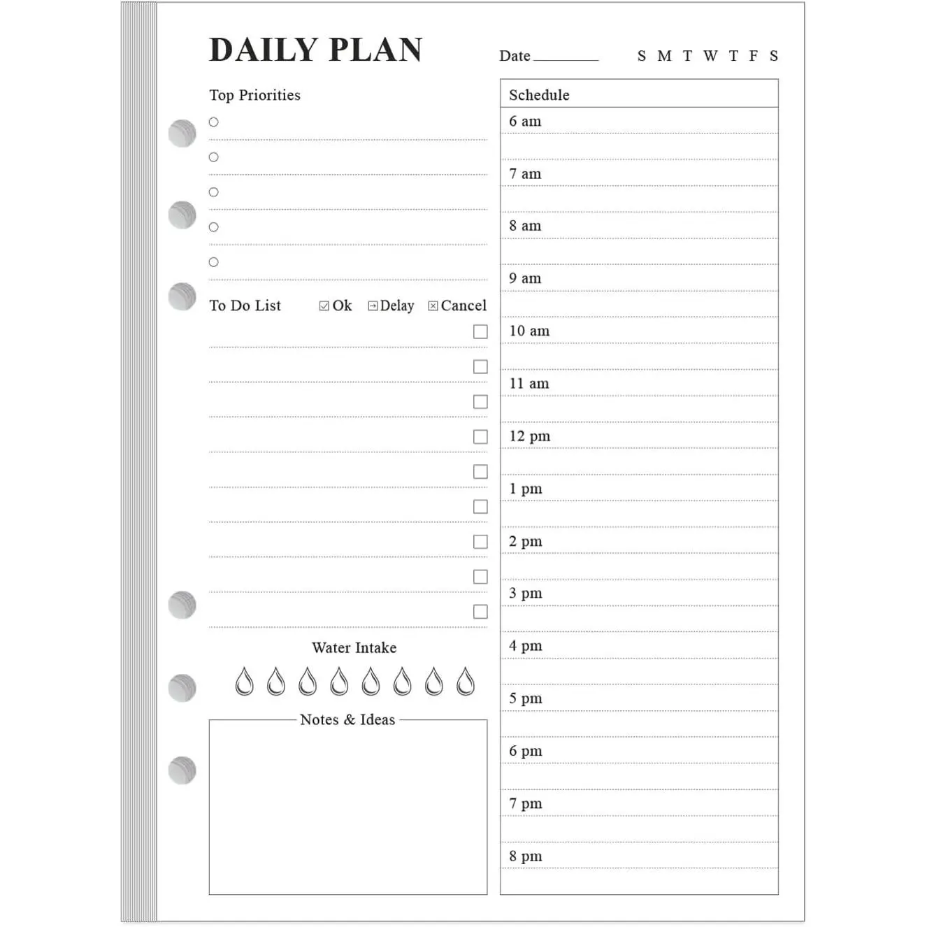 6-Hole Punched Undated Daily To Do List Insert - A5 Size Lined Pages Binder Refill, 100 Sheets/200 Pages, 100 gsm White Paper, 5.8'' x 8.3''