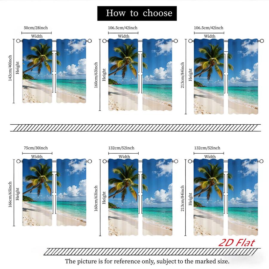 2Pcs Beach Landscape Palm Tree Ocean Scenery Sun Blocking Curtains Digital Printed Rod Pocket, Window Treatment For Bedroom Office Kitchen Living Room Study Home Decor