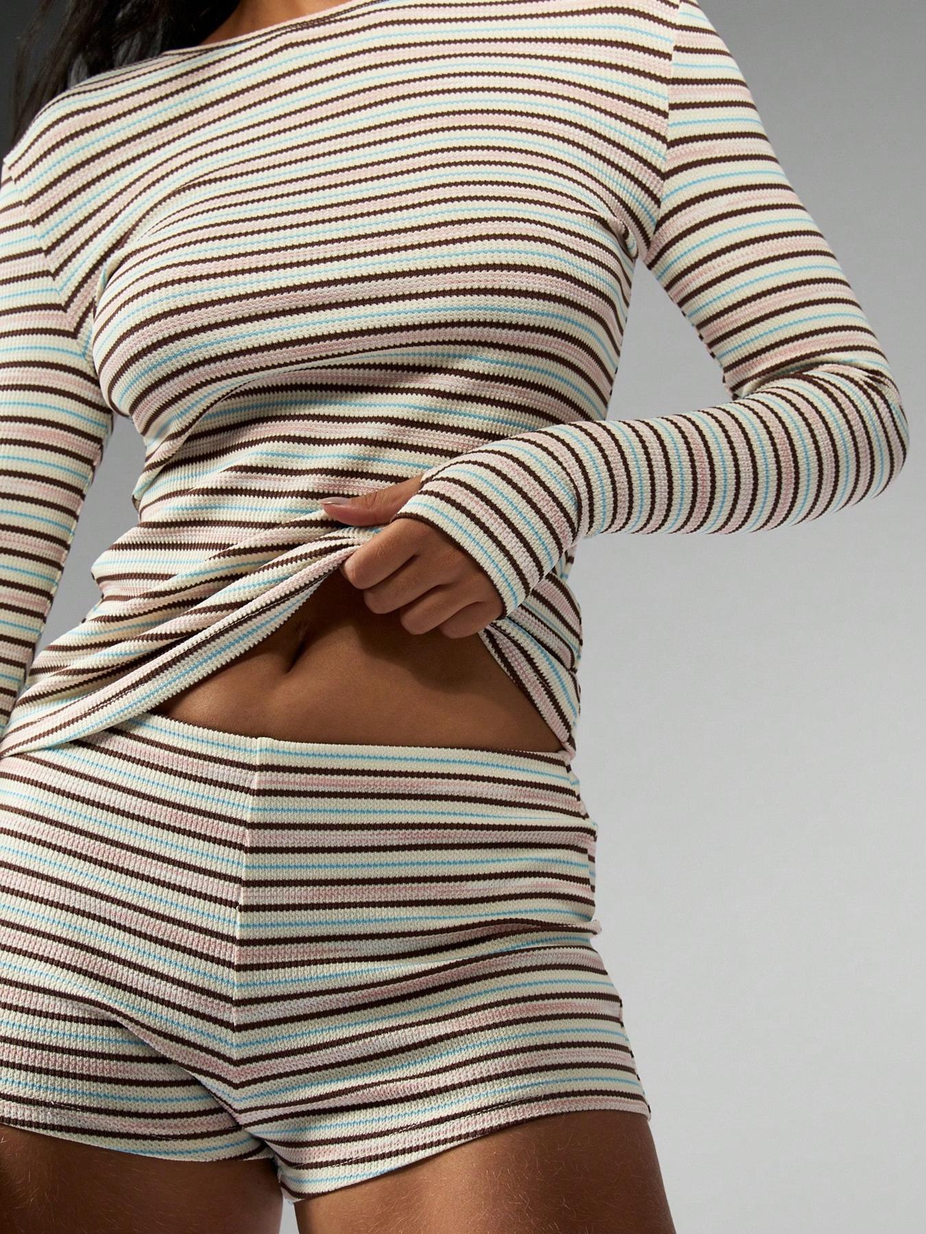 Women's Striped Knit Casual Long Sleeve Top & High Waist Elastic Sporty Shorts Set, Spring Fashion, Comfortable Fit, Sporty Style Clothes