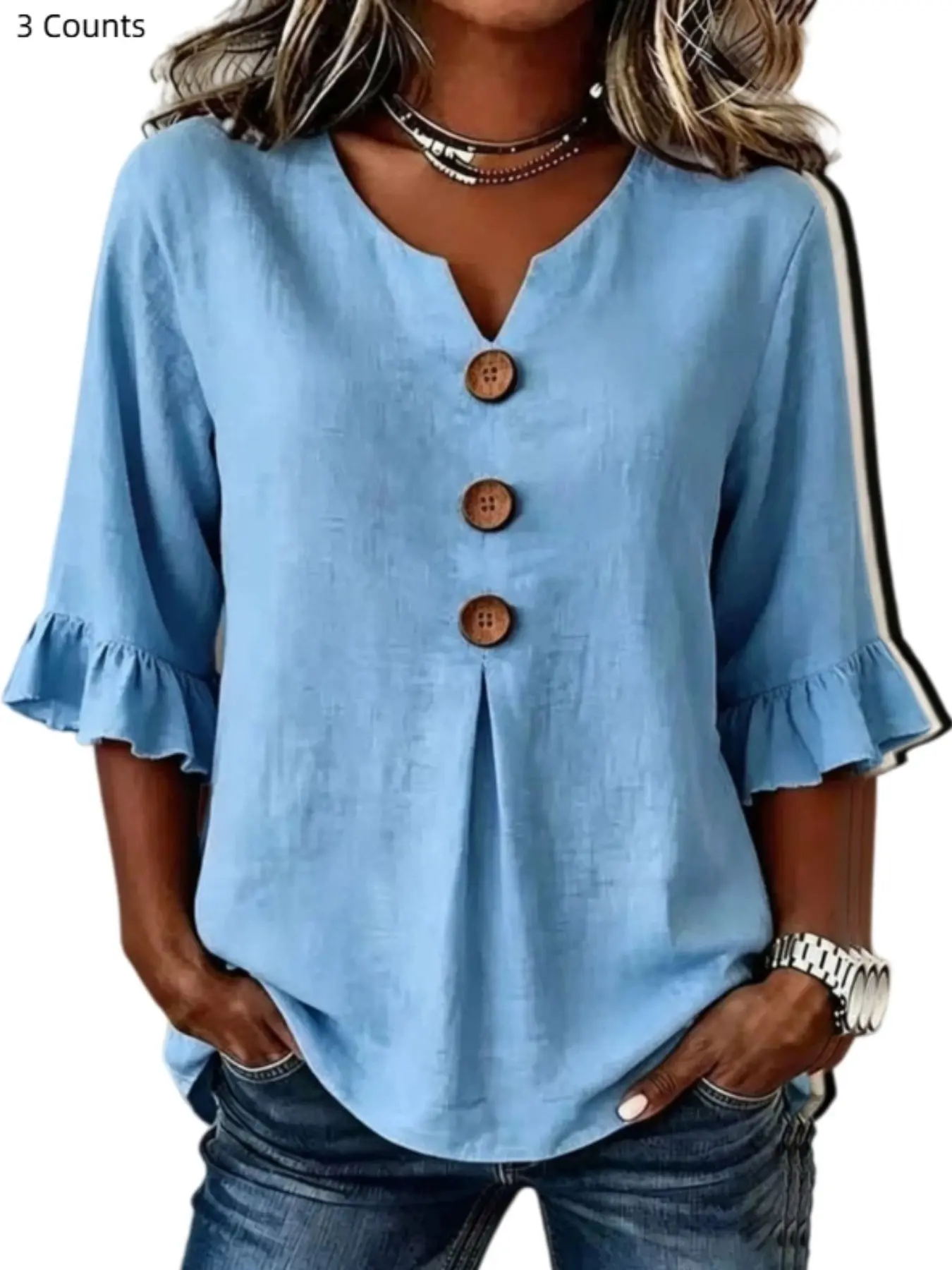 Women 1/3 Piece Notched V Neck 3/4 Ruffle Sleeve Button Decor Loose Blouse Top, Feminine Casual Plain T-Shirt for All Seasons