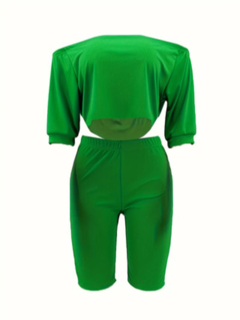 Women's Solid Ruched Off Shoulder Crop Top & Elastic Waist Shorts Set, Casual Fashion Half Sleeve Top & Skinny Shorts, Ladies Summer Clothes