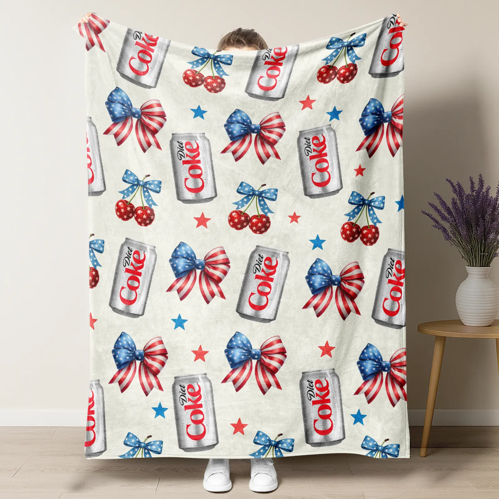 Diet Coke Patriotic Flannel Throw Blanket,Diet Coke Can with American Flag Bow & Cherry Print Soft Fleece Blanket,Cute 4th of July Soda Lover Home Decor Sofa Blanket, Perfect Gift for Diet Coke Fans & Coquette Lovers,summerwins