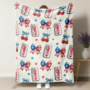 Diet Coke Patriotic Flannel Throw Blanket,Diet Coke Can with American Flag Bow & Cherry Print Soft Fleece Blanket,Cute 4th of July Soda Lover Home Decor Sofa Blanket, Perfect Gift for Diet Coke Fans & Coquette Lovers,summerwins