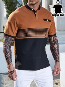 Big & Tall Plus Size Men's Brown Black Color Block Horizontal Stripe Stand Collar Short Sleeve Polo Shirt, Mini Chest Pocket Decor, Slim Casual Fit, Soft Breathable Pique Fabric, Summer Daily Street Athletic Top