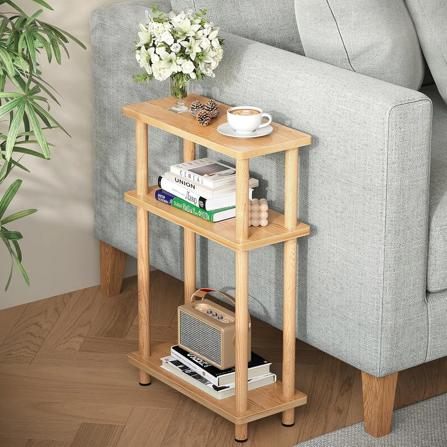 Small Narrow Side Table, 3-Tier Skinny End Table for Small Spaces, Slim Nightstand with Storage Shelf, Bedside Table for Living Room, Bedroom,
