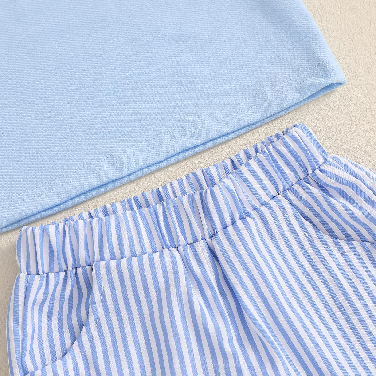 Toddler Baby Boy Summer Outfit Animal Embroidery Round Neck Short Sleeve Top Stripe Shorts Casual 2pcs Set Summer Clothes