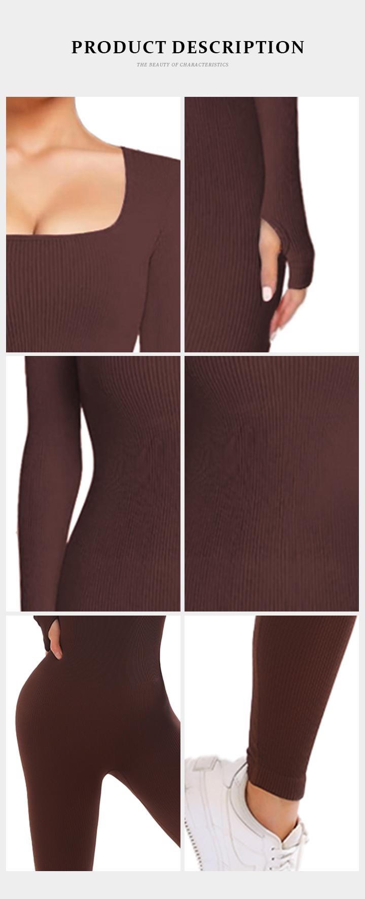 Workout Solid Color U Neck Seamless Long Sleeve Yoga Jumpsuit, Jumpsuit for Daily Outdoor Wear, Plain Thumb Holes Sportswear